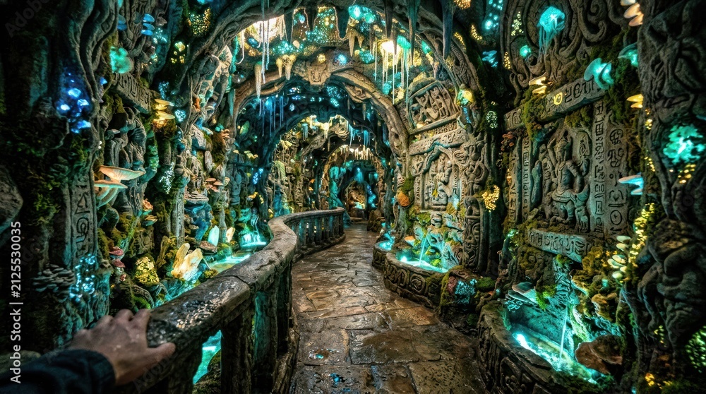 Obraz premium Fantasy cave pathway glowing crystal illumination ornate