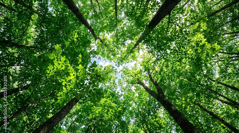 Fototapeta premium Lush Verdant Forest Canopy View from Below Capturing Dense Green Foliage and Sunlit Summer Leaves with Thriving Trees in a Pristine Woodland Environment Under Bright Daylight Representing