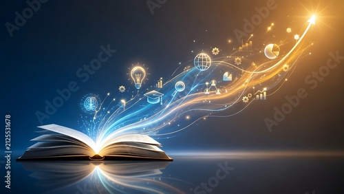 Open book with glowing digital light streams and educational icons showing creative learning and knowledge growth