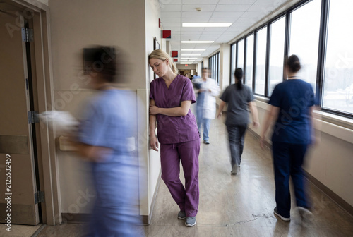 Exhausted nurse leaning against hospital corridor wall with blurred motion