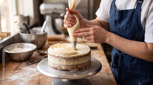 A female pastry chef decorates a layer cake with white cream using a piping bag in a bakery kitchen, confectionery cake decoration, artisanal baking process, sweet dessert recipe.