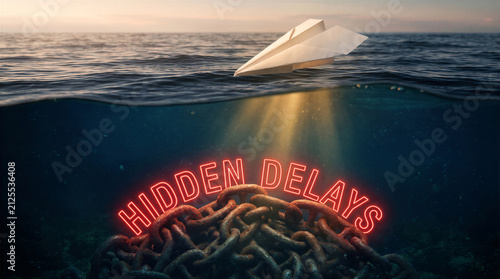 A paper airplane floating on the ocean surface with a heavy rusted anchor chain underwater illuminated by a neon sign reading hidden delays