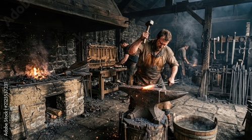 Blacksmith working at anvil with hammer and forge
