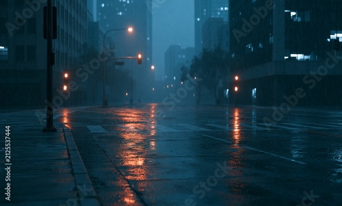 Empty city street at night during a heavy rainstorm with reflections