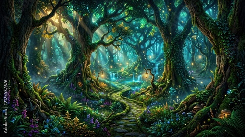 Enchanted forest path with glowing lights and lush vegetation