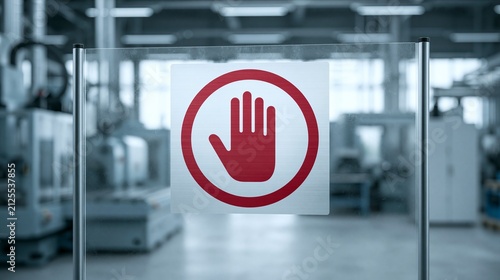 Red Stop Sign on Glass Barrier in Modern Factory Interior Background