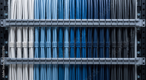 Network cables organized in server rack, blue and white ethernet cords in data center, structured cabling system for telecommunications