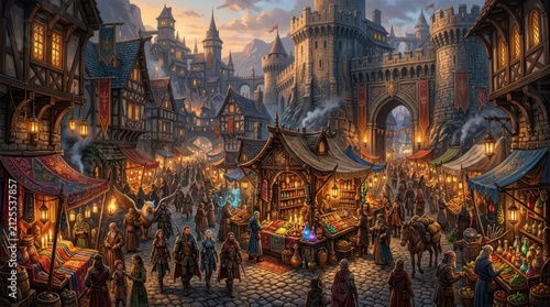 Medieval marketplace scene with castle and stalls