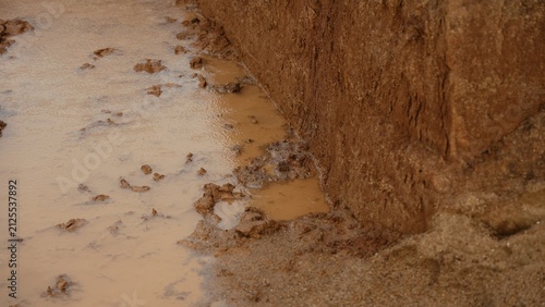 Wet ground forming a puddle next to an earthy wall, showing the texture and impact of moisture on soil and natural surfaces