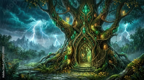 Mystical enchanted tree with glowing gems and lightning