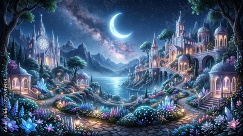 Magical fantasy landscape at night with moonlit castles