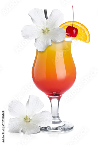 Bild auf Leinwand Refreshing cocktail with hibiscus flowers, maraschino cherry and orange slice is