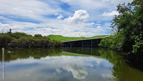 Scenic view of eco-friendly green roof architecture reflected on calm water surface under blue sky, surrounded by lush trees, depicting sustainable building design and natural environment.