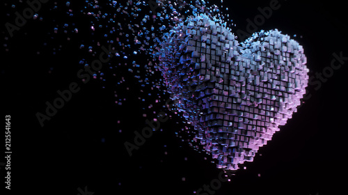 3D digital pixel heart disintegrating into flying glowing cubes
