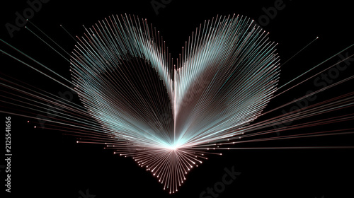 Glowing fiber optic heart shape with radiating light rays on dark background