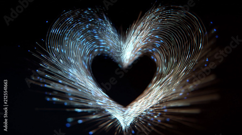 Abstract neon light trails forming a heart symbol with glowing particles
