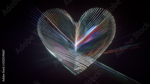 Abstract digital heart shape made of colorful overlapping laser light lines