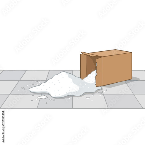 Spilled white powder from a cardboard box on a tiled floor in a kitchen setting