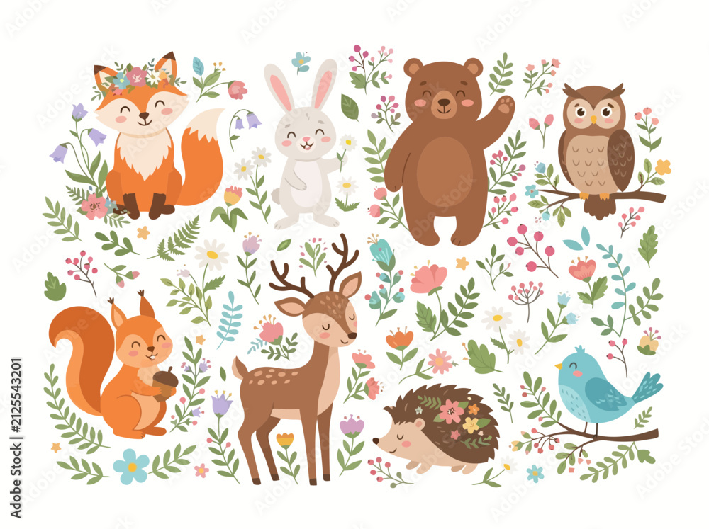 Obraz premium Collection of cute woodland animals and forest creatures with floral elements.