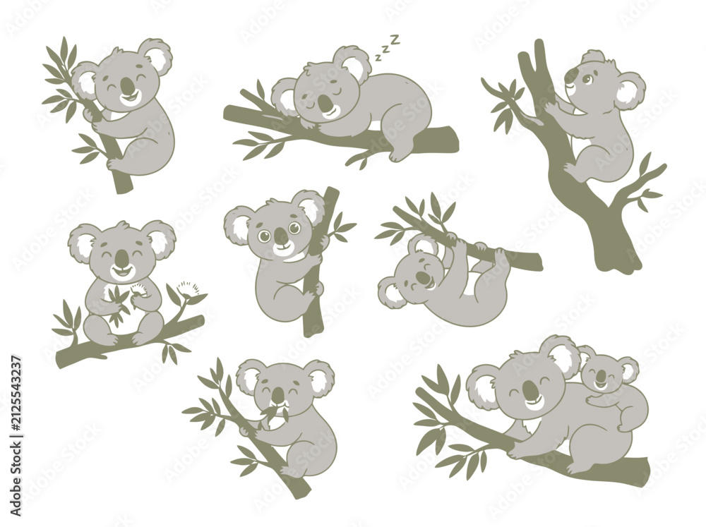 Obraz premium A collection of cute cartoon koala bears in various poses on tree branches.