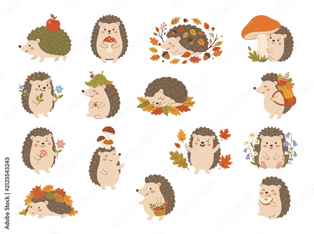 Obraz premium A collection of cute cartoon hedgehogs in various autumn activities and poses.