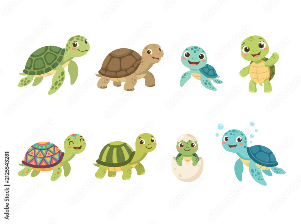Obraz premium A collection of cute cartoon turtles in various poses and styles.