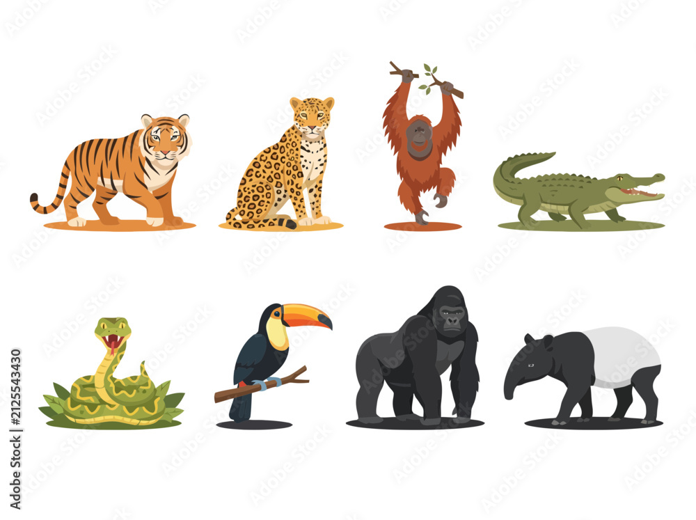 Fototapeta premium A collection of various wild jungle animals including a tiger leopard orangutan crocodile snake toucan gorilla and tapir.
