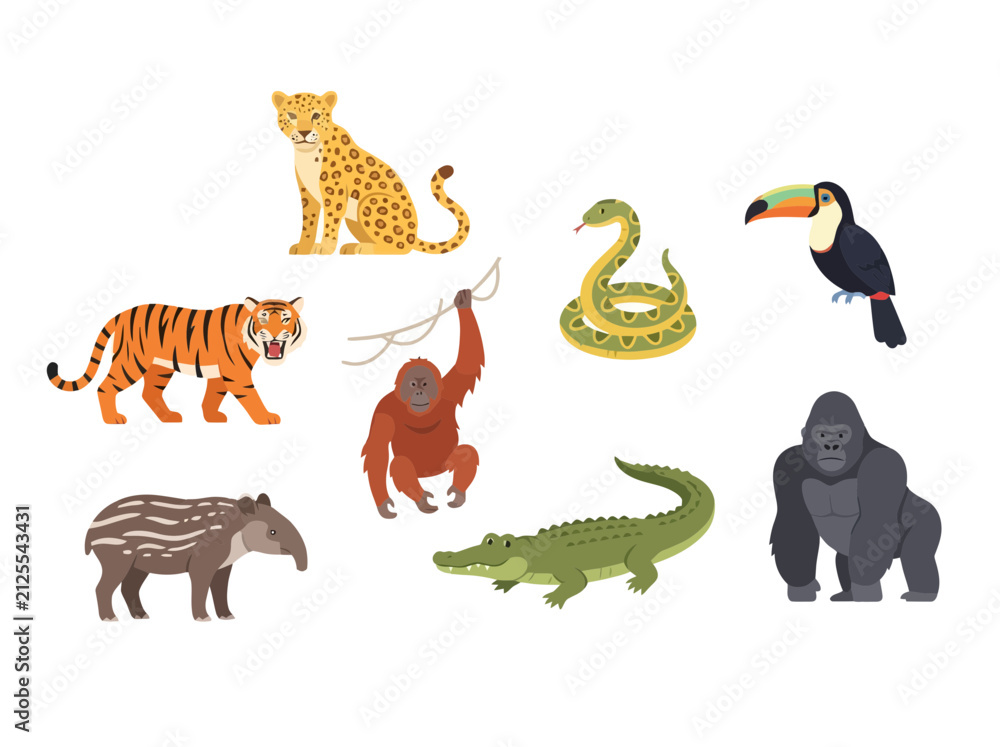 Fototapeta premium A collection of various wild animals including a tiger leopard gorilla and crocodile.