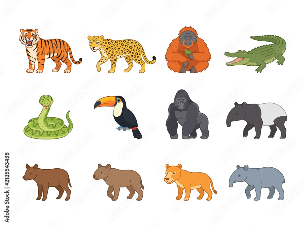 Fototapeta premium A collection of diverse wild animals including tigers leopards monkeys crocodiles snakes toucans gorillas and tapirs.