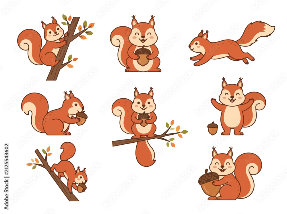 Obraz premium A collection of cute cartoon squirrels in various poses with acorns and tree branches.