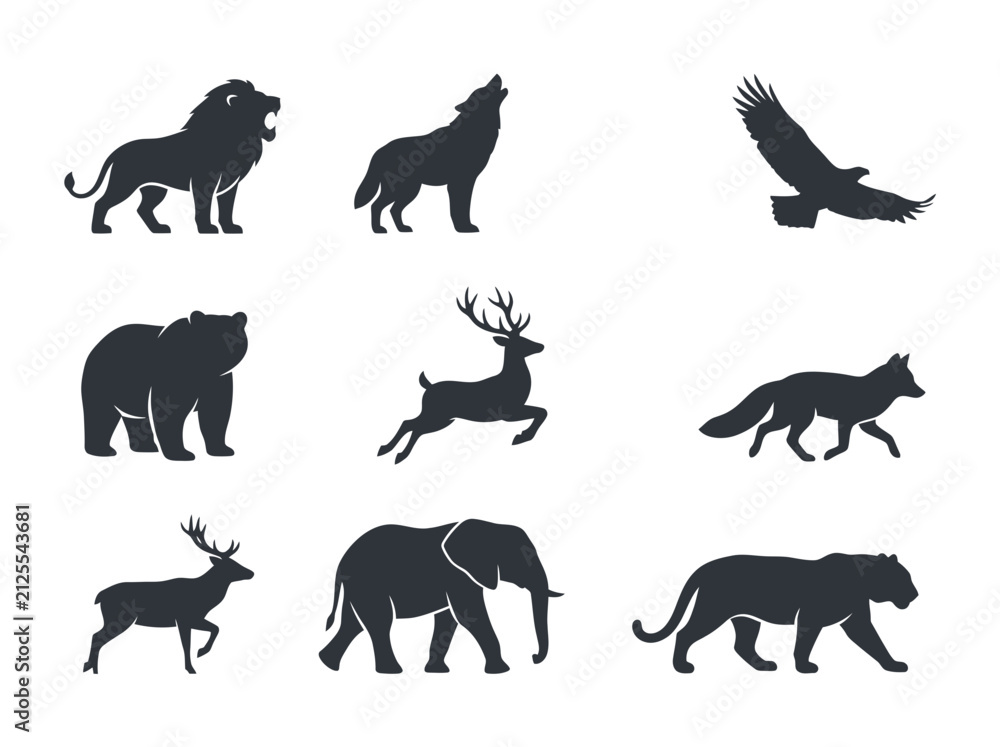 Obraz premium A collection of various wild animal silhouettes including a lion wolf eagle bear deer fox and elephant.
