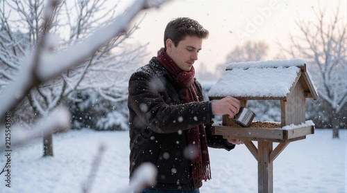 Man in winter clothing feeding birds at a snowy bird feeder outdoors in a forest