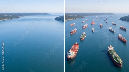 Comparative Split View Showing a Clear Coastal Waterway Versus a Congested Queue of Large Industrial Oil Tankers Waiting in a Narrow Maritime Strait
