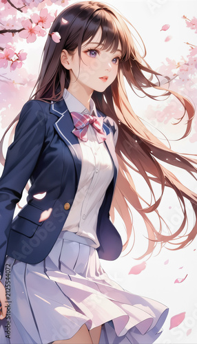 桜と女子高校生