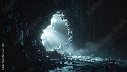 Mysterious Cave Entrance with Ethereal Light Beams.