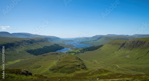 Sweeping valley view with lake under a clear blue sky, grassy hills