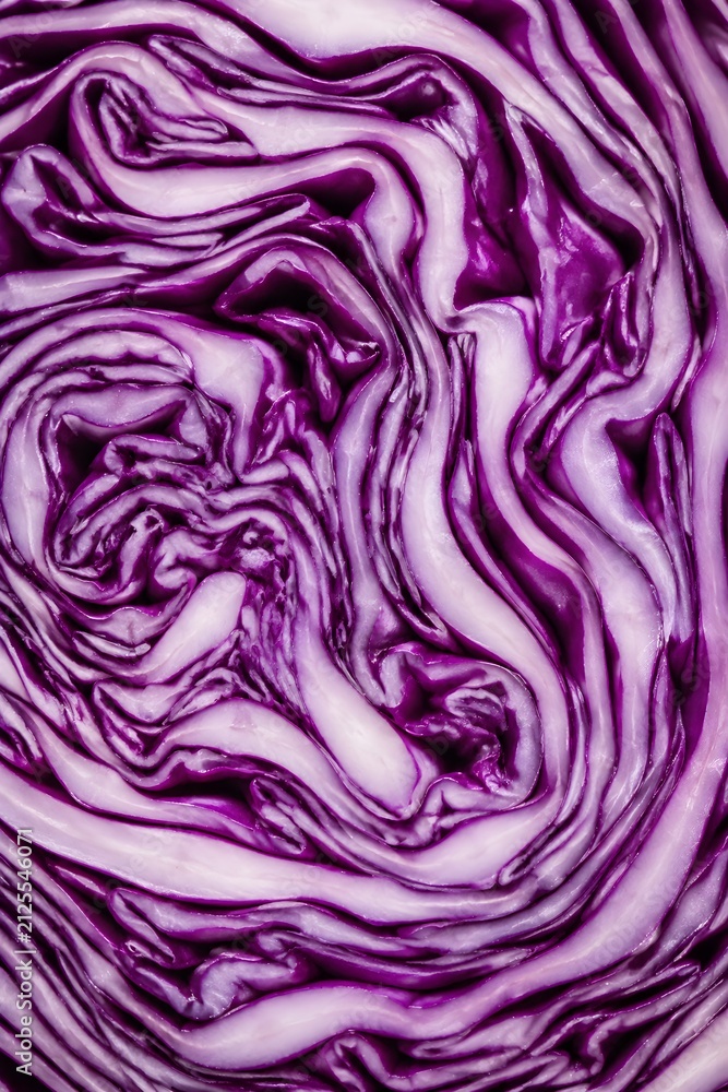 Obraz premium Fresh Red Cabbage Layers Fill Frame with Abstract Purple Curves and White Veins Food Photography