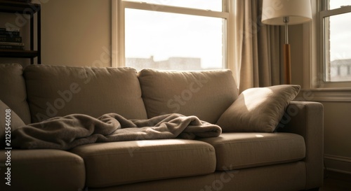 Soft couch bathed in sunlight near window, draped with blanket
