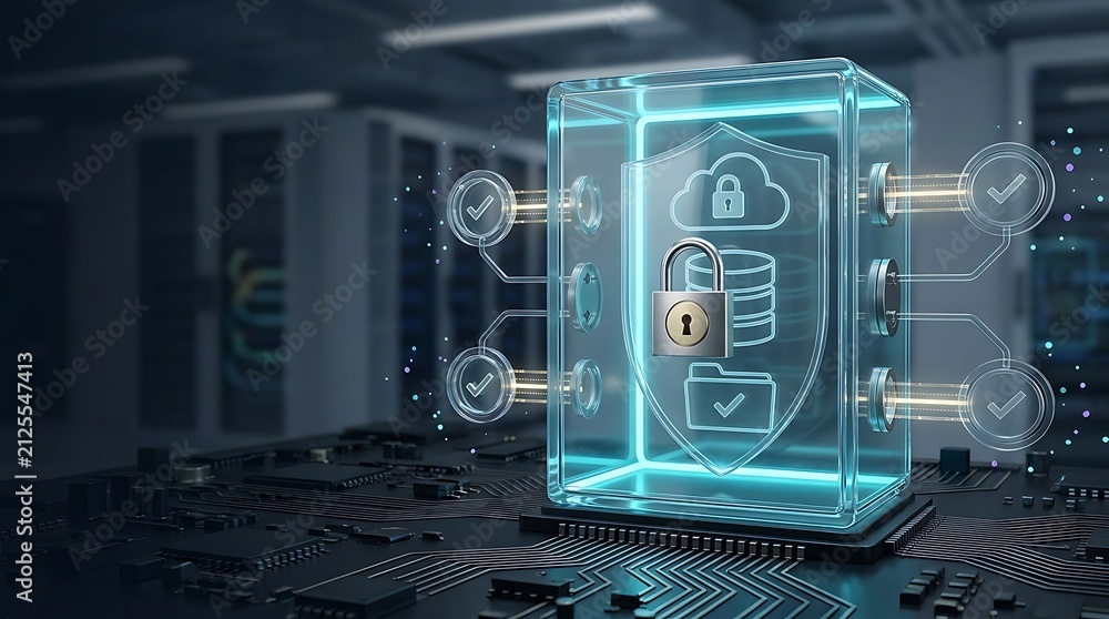 Fototapeta premium Cybersecurity concept with glowing digital shield and padlock