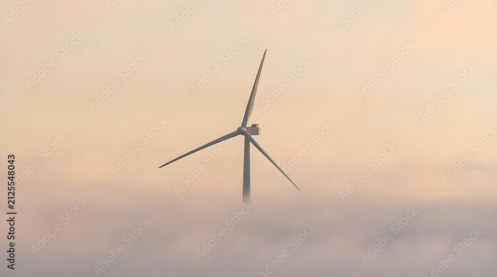 Fototapeta premium Majestic Wind Turbine Emerging Through Dense Morning Fog in a Dramatic Renewable Energy Landscape Scene