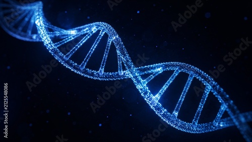 Fotografie Single Blue Glowing DNA Double Helix Isolated on Black Background, Futuristic Ge