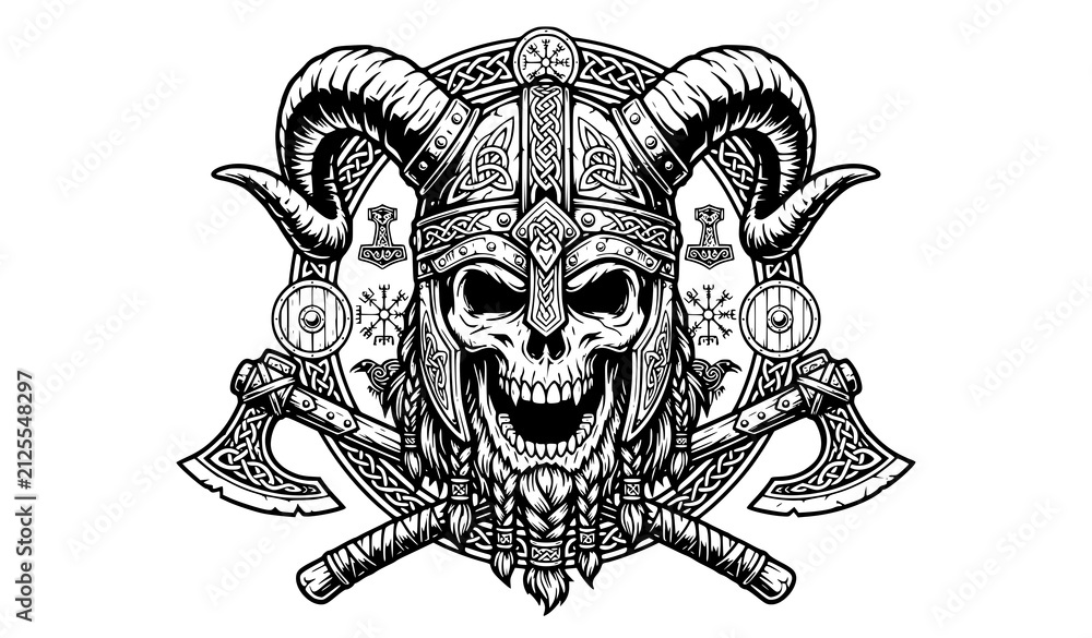 Fototapeta premium Fierce Viking Skeleton Warrior Skull Horned Helmet Black Vector Emblem