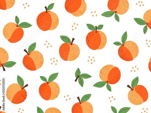 Peaches with green leaves and scattered dots in a repeating pattern on a white background