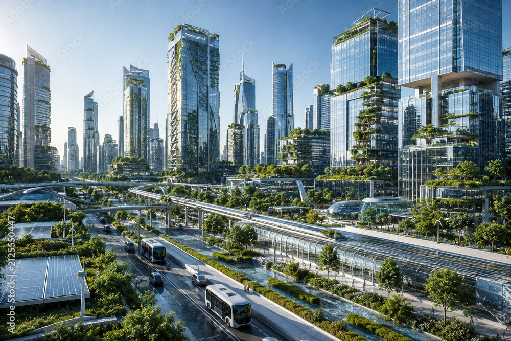 Fototapeta premium Futuristic Eco Friendly Smart City with Vertical Gardens and Autonomous Electric Shuttles