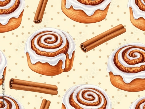 Cinnamon rolls with white icing and cinnamon sticks, a sweet bakery pattern