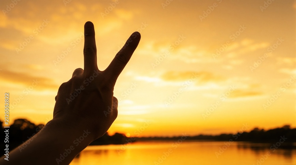 Fototapeta premium Hand forms V sign against warm golden sunset sky over calm water. Gesture symbolizes peace victory hope success and togetherness. Positive outdoor moment.