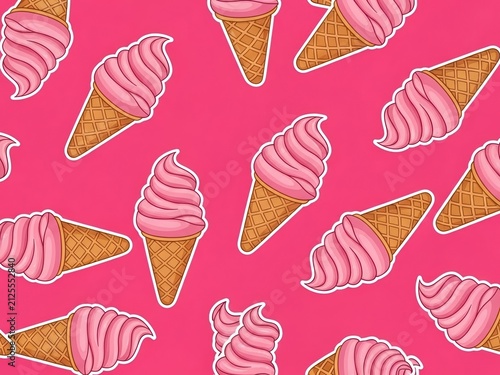 Pink soft serve ice cream cones scattered on a bright pink background, playful and sweet summer treat pattern