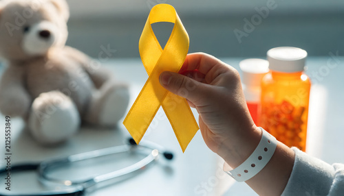 Child wearing hospital band holds a yellow ribbon for pediatric cancer awareness with medical tools.