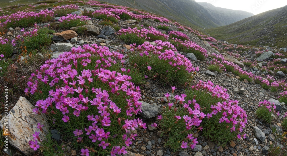 Obraz premium Vibrant purple heather flowers blooming on rocky coastal cliffside.