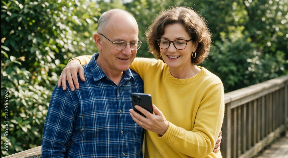 Fototapeta premium Senior couple enjoying technology together outdoors, symbolizing active aging and modern connection.